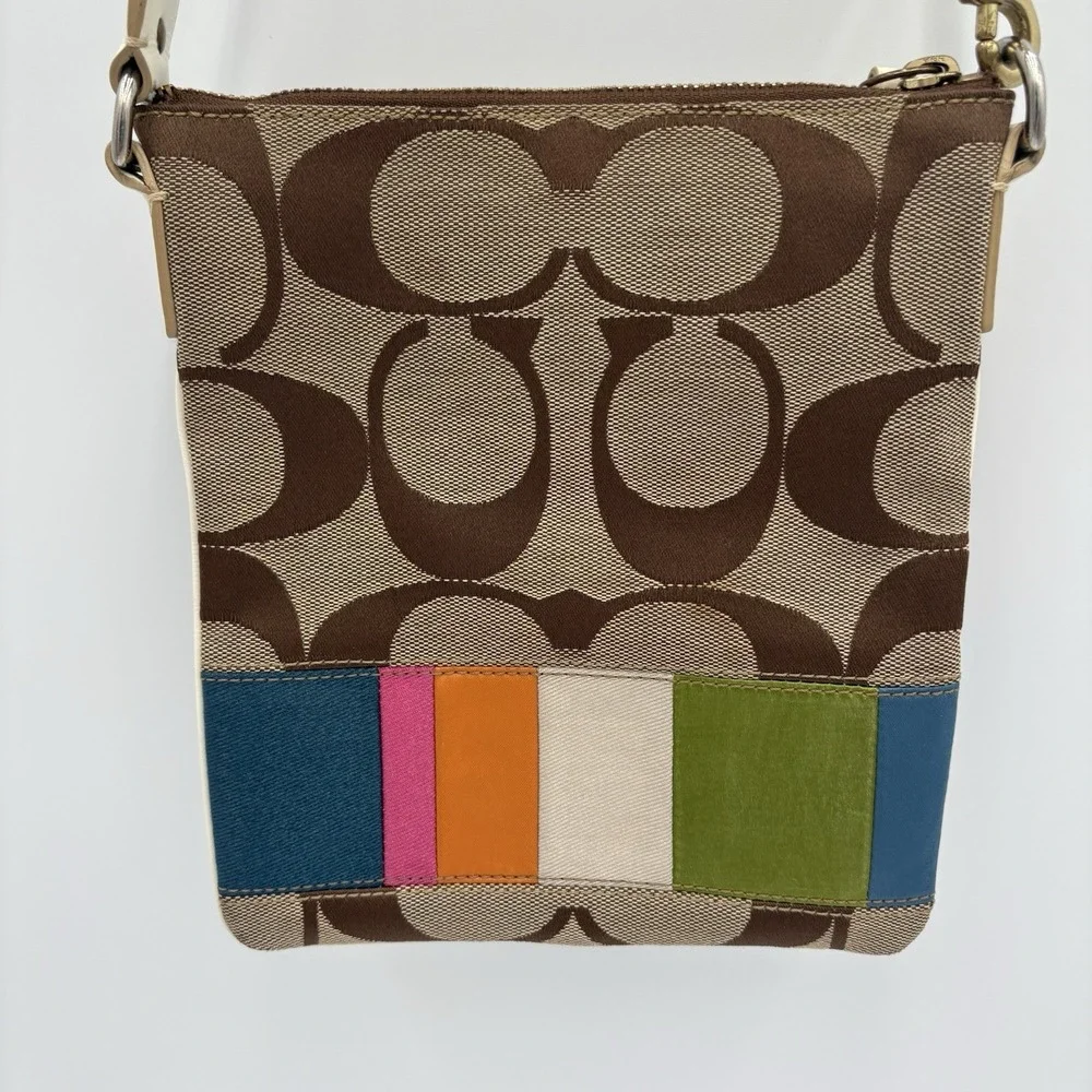 Coach Signature Crossbody Bag Womens Multi Patchwork Canvas Adjustable Swingpack